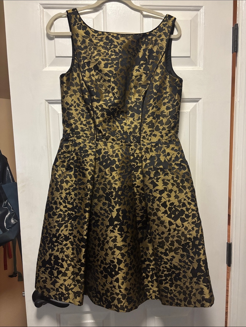 Theia Gold and Black Floral Jacquard Fit-and-Flare Dress